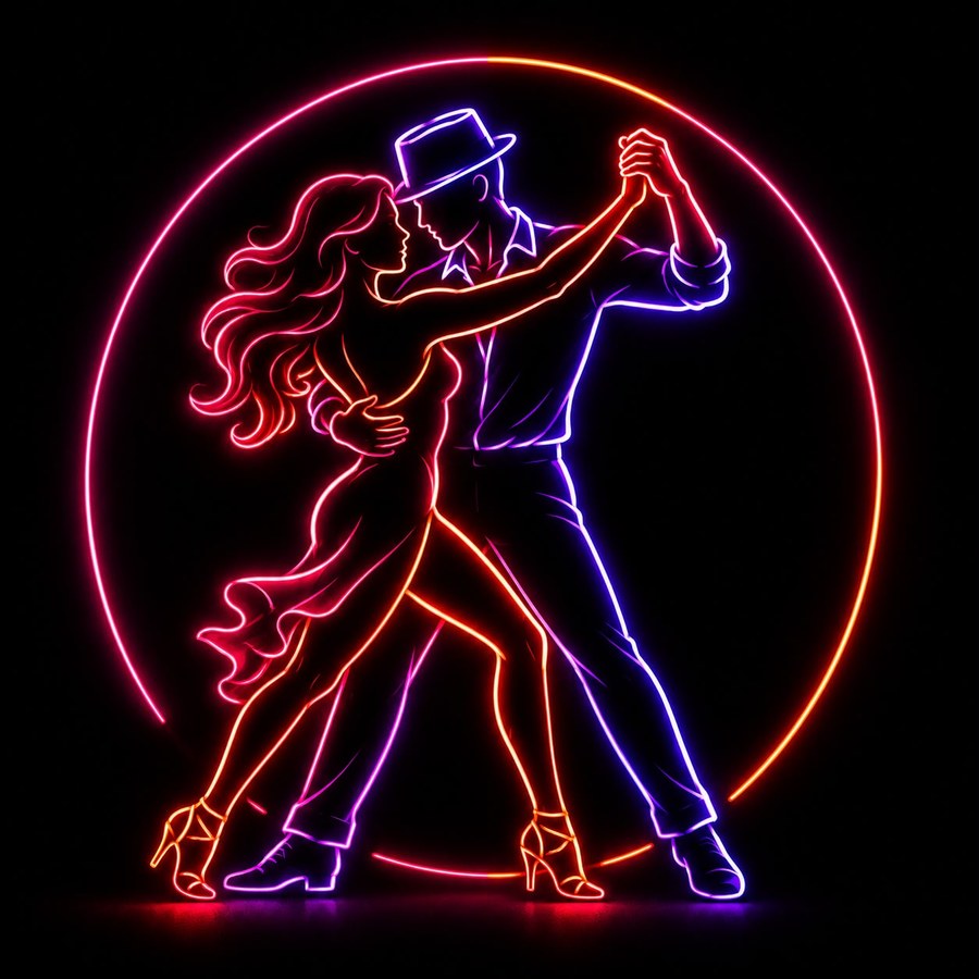 Two dancers in a tango embrace, neon illustration